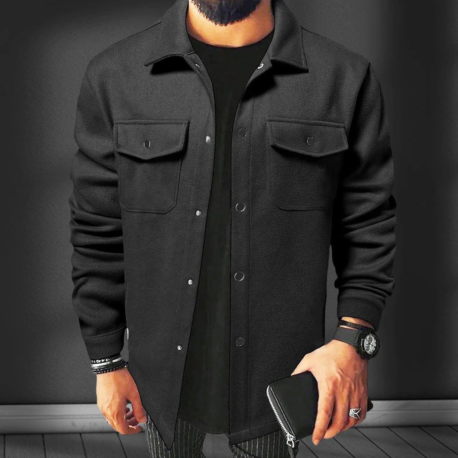 Willie | Herren Overshirt aus Flanell-Woll-Mix – Oversized Fit – Druckknöpfe – Utility-Taschen – Reverskragen Hirschfeld Schwarz S 