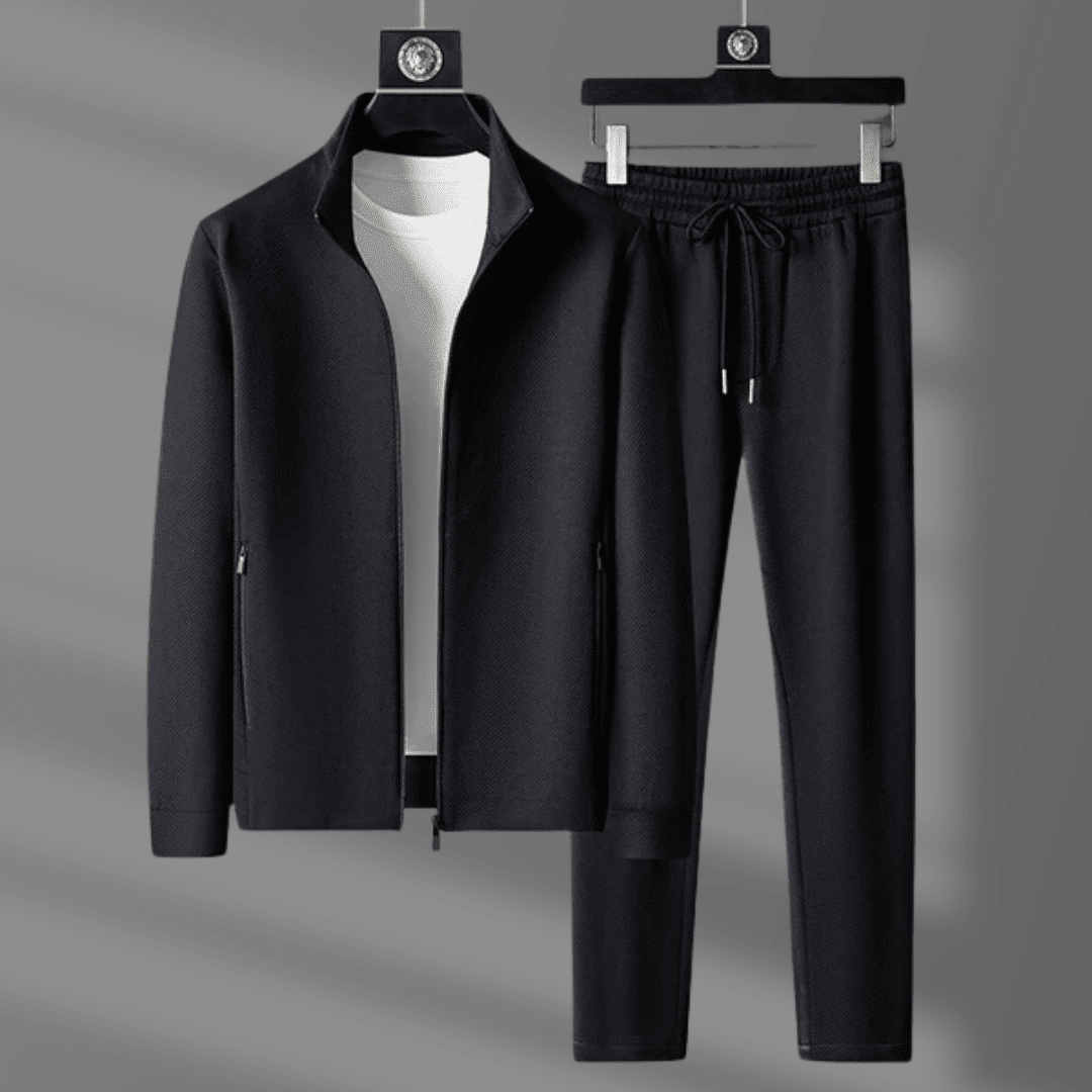 Marcus | Herren Trainingsanzug 2-teilig – Full-Zip Stehkragen – Tech-Stretch – sportlich & bequem Hirschfeld Tiefschwarz XS 