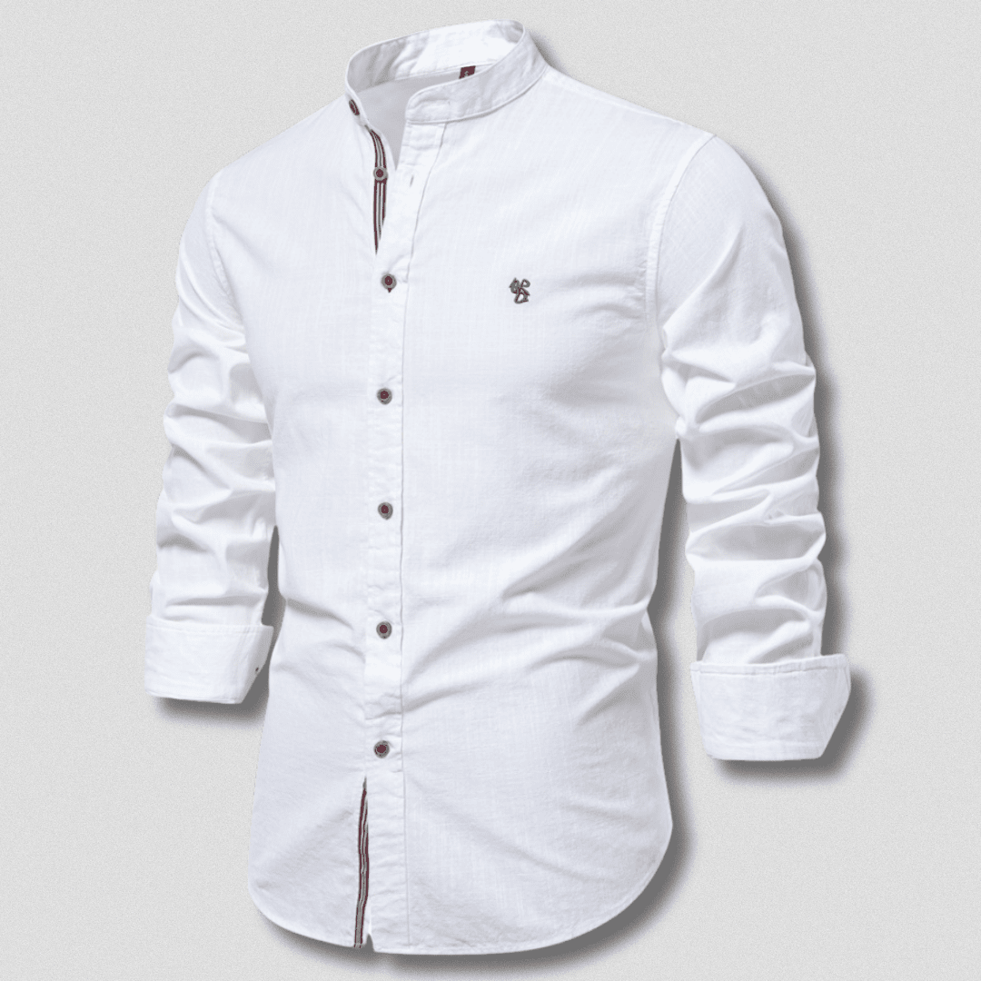 Silas | Herren Leinenhemd Langarm – Stehkragen – Baumwolle-Leinen – Sommer Hirschfeld Weiß S 