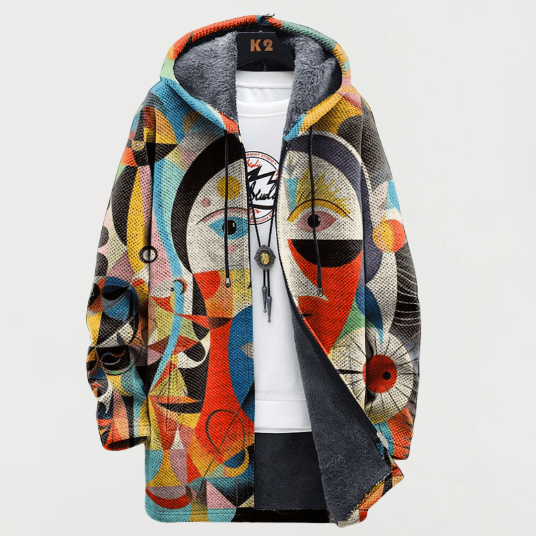 Luke | Unisex Boho Tribal Print Zip Up Hoodie Jacket | Fleece Lined Ethnic Festival Sweatshirt Hirschfeld Orange S 