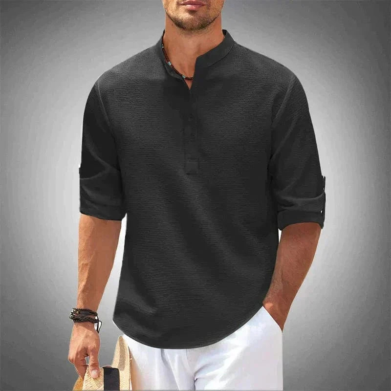 Albert | Herren Henley-Shirt Stehkragen – Strukturstoff – Baumwolle Hirschfeld Schwarz S 