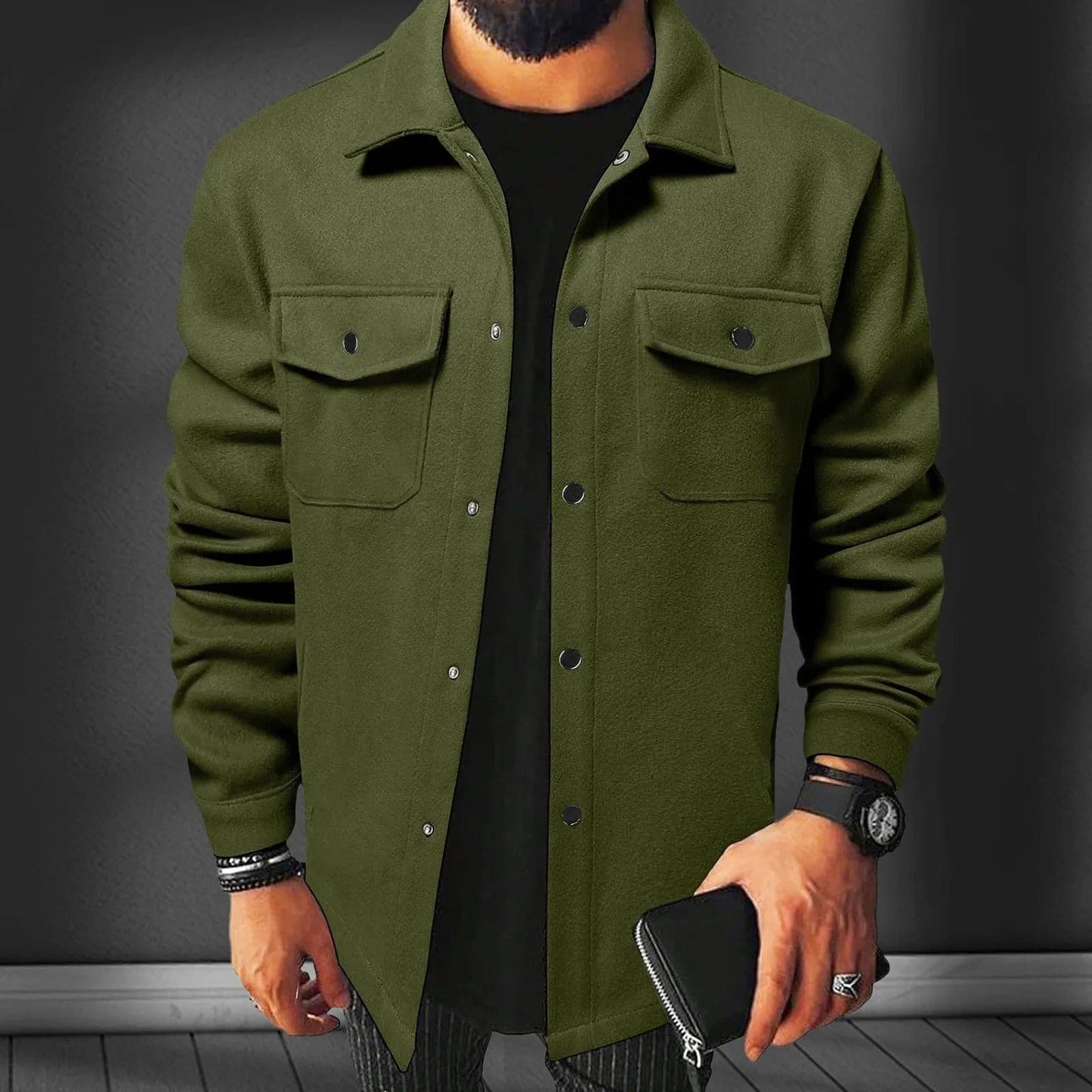 Willie | Herren Overshirt aus Flanell-Woll-Mix – Oversized Fit – Druckknöpfe – Utility-Taschen – Reverskragen Hirschfeld Grün S 