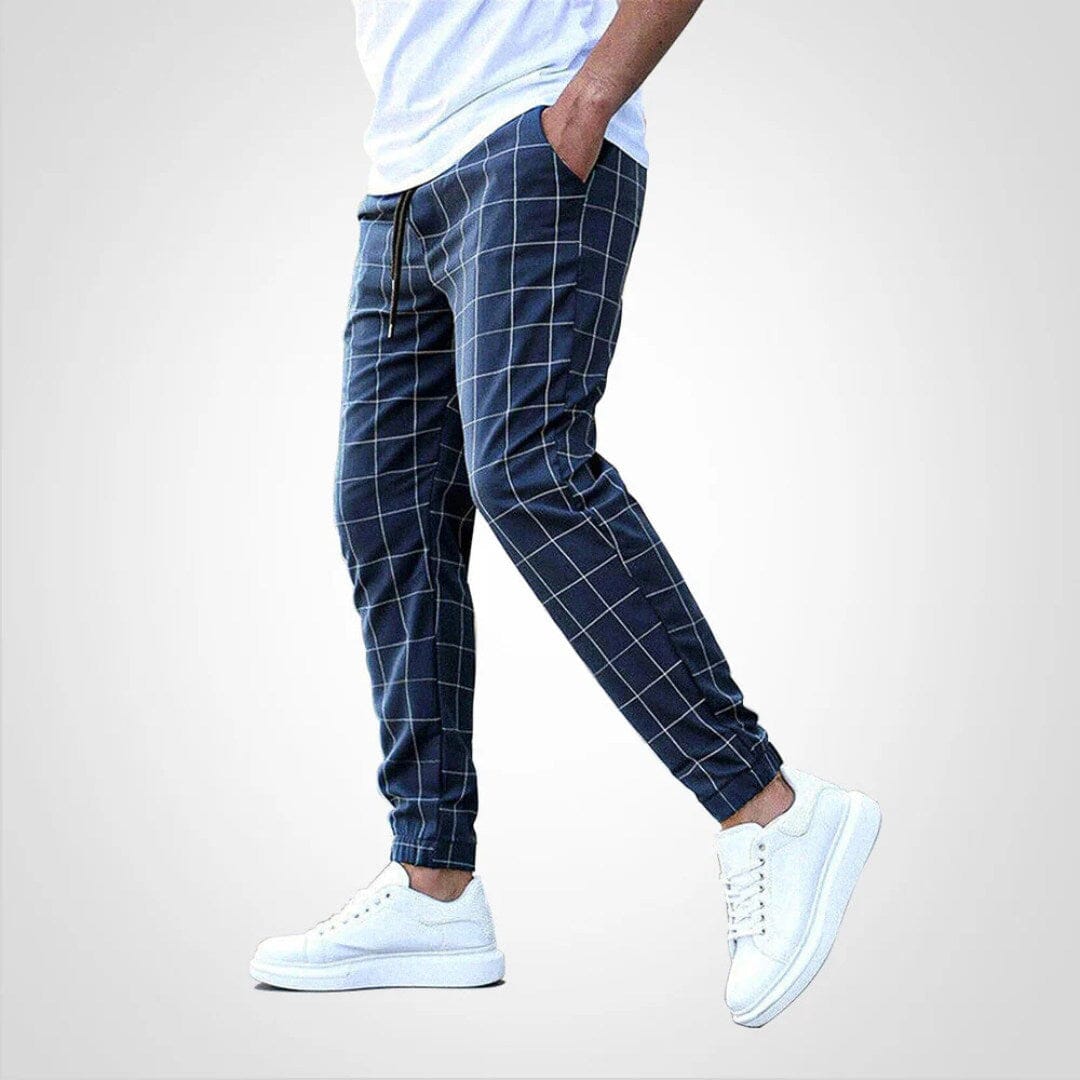 Wayne | Herren Jogginghose – Slim Taper – Fensterkaro – elastischer Bund & Rippbündchen – atmungsaktiv Hirschfeld Marineblau XS 