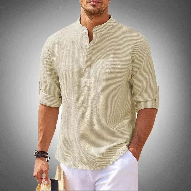 Albert | Herren Henley-Shirt Stehkragen – Strukturstoff – Baumwolle Hirschfeld Beige S 
