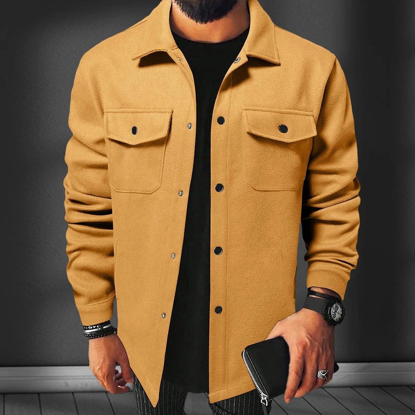 Willie | Herren Overshirt aus Flanell-Woll-Mix – Oversized Fit – Druckknöpfe – Utility-Taschen – Reverskragen Hirschfeld Goldbraun S 