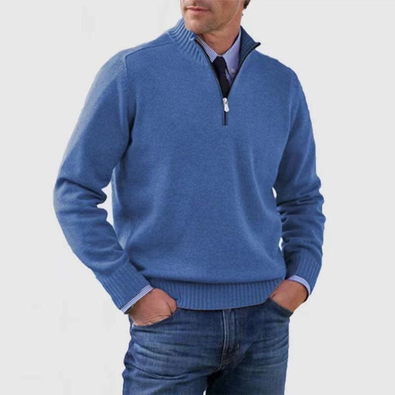 Jerome | Herren Troyer Halbzip Stehkragen – Business-Casual – Strick Karl | Quarter Zipper Knitwear Hirschfeld Blau M 