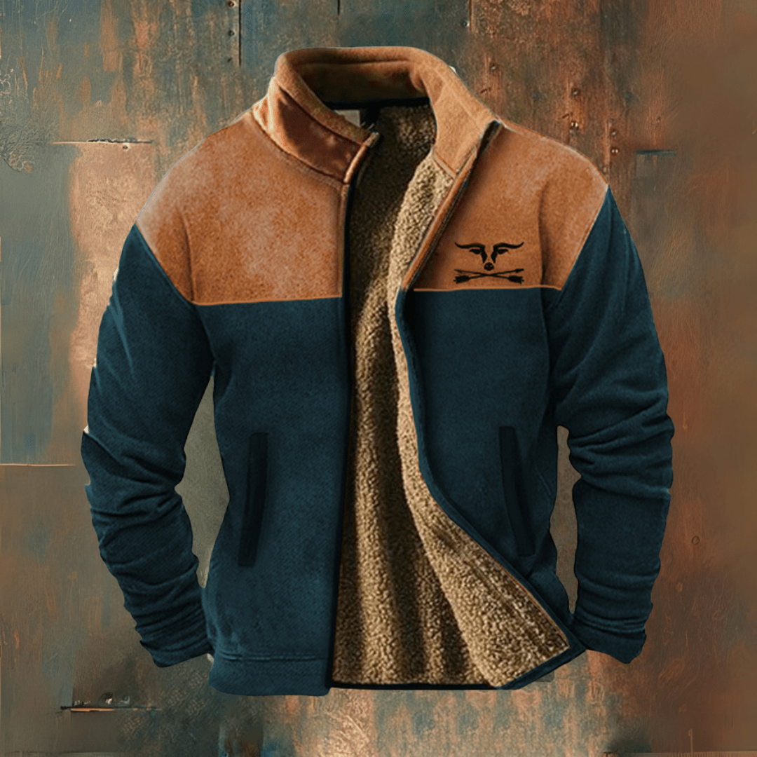 Lennart | Herren Fleecejacke – Stehkragen – Reißverschluss – Sherpa-Futter Hirschfeld Marineblau und Camel S 