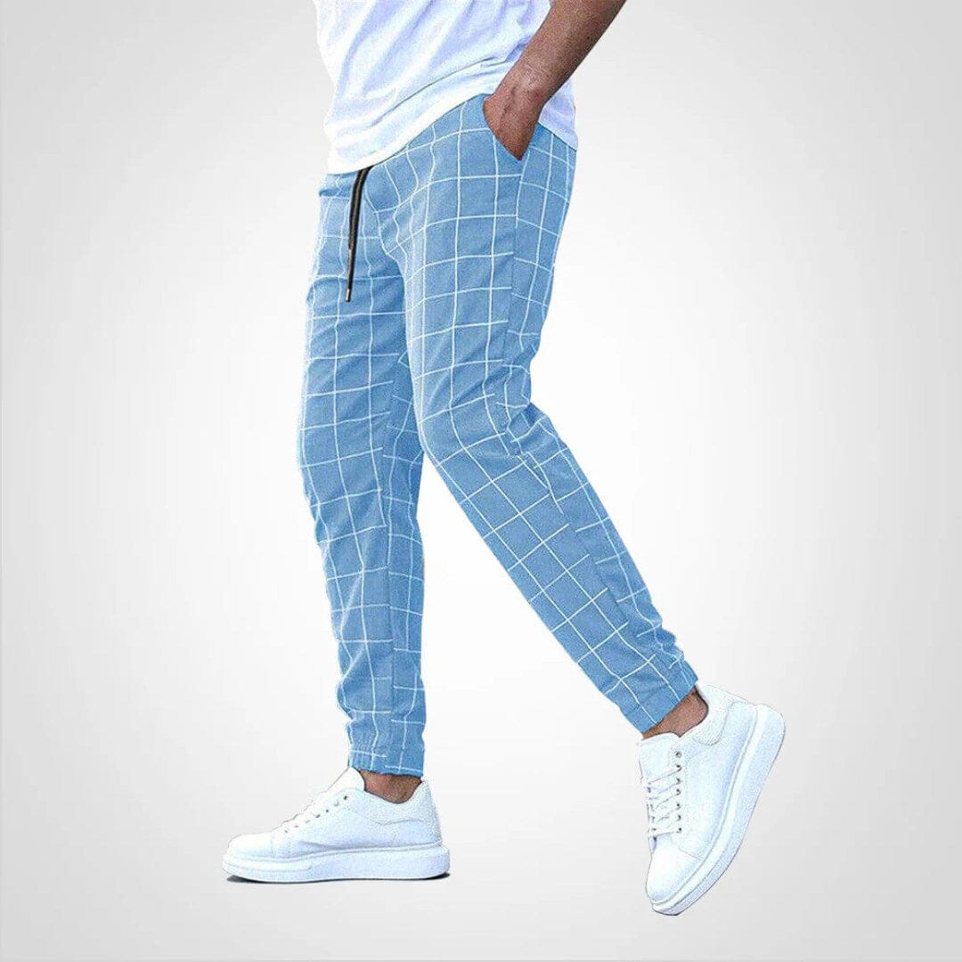 Wayne | Herren Jogginghose – Slim Taper – Fensterkaro – elastischer Bund & Rippbündchen – atmungsaktiv Hirschfeld Blau XS 