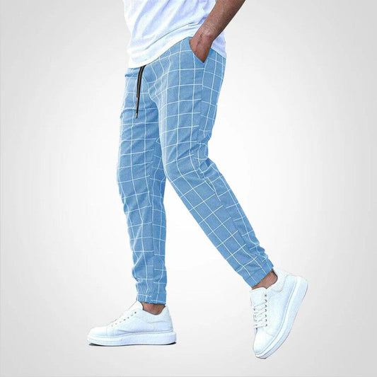 Wayne | Herren Jogginghose – Slim Taper – Fensterkaro – elastischer Bund & Rippbündchen – atmungsaktiv Hirschfeld Blau XS 