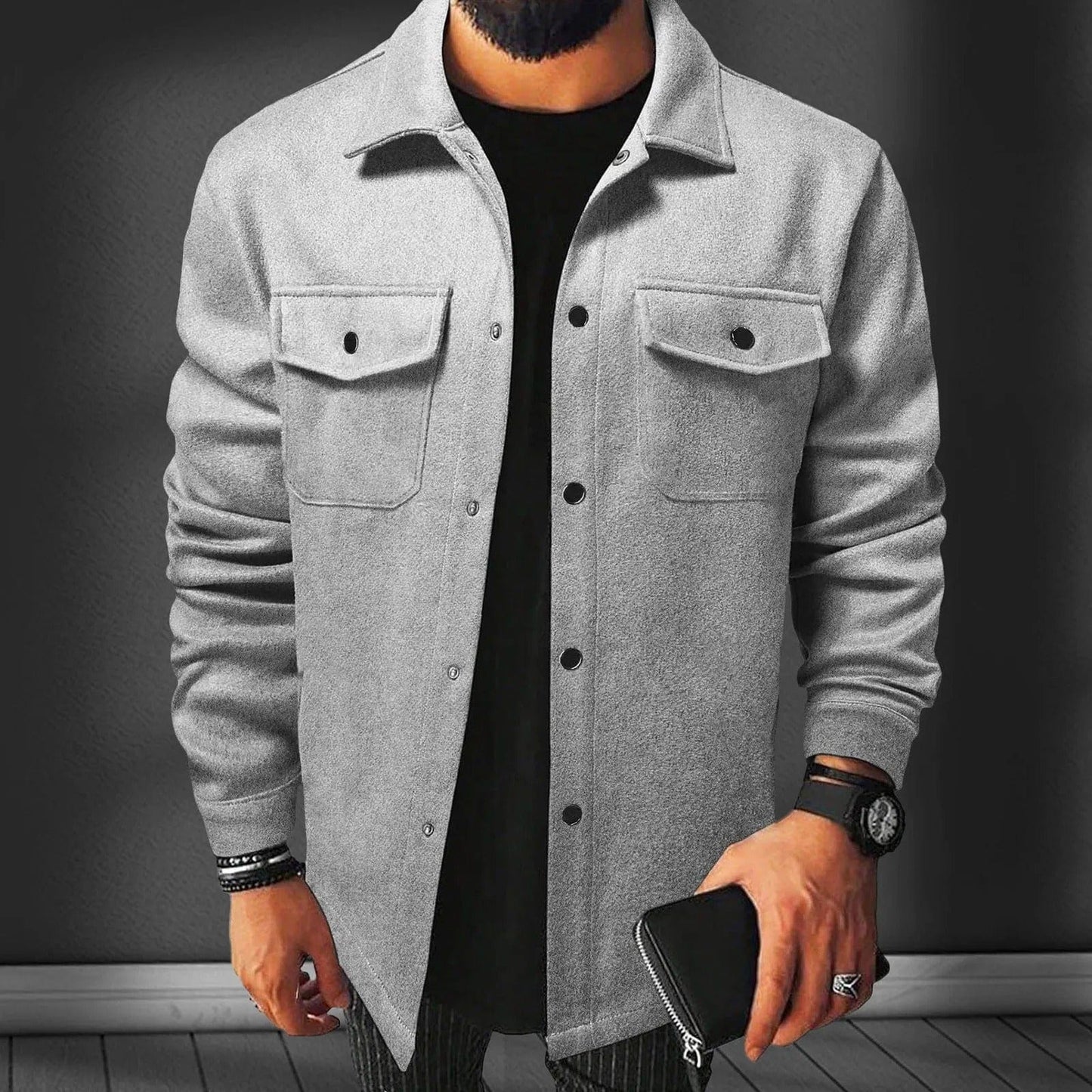 Willie | Herren Overshirt aus Flanell-Woll-Mix – Oversized Fit – Druckknöpfe – Utility-Taschen – Reverskragen Hirschfeld Grau S 