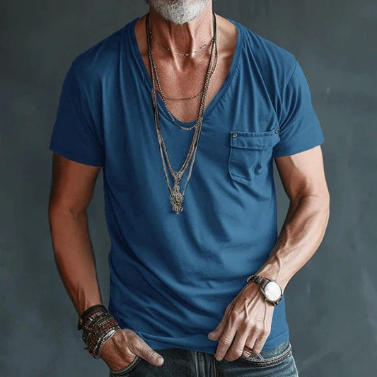 Jack | Herren T-Shirt V-Ausschnitt Kurzarm – Brusttasche – Baumwolle Hirschfeld Blau S 