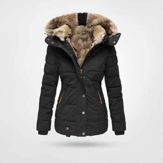 Agnes | Damen Winterjacke mit Kapuze – hochschließender Kragen – warm gefüttert (Fleece) – windabweisend csvnovember Hirschfeld Schwarz S 