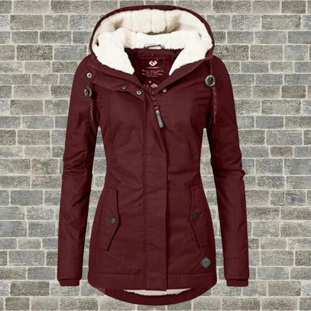 Alicia | Damen Winterparka – lang – warm gefüttert – Kapuze – wasserabweisend sofie mode20241022 Hirschfeld Weinrot S 