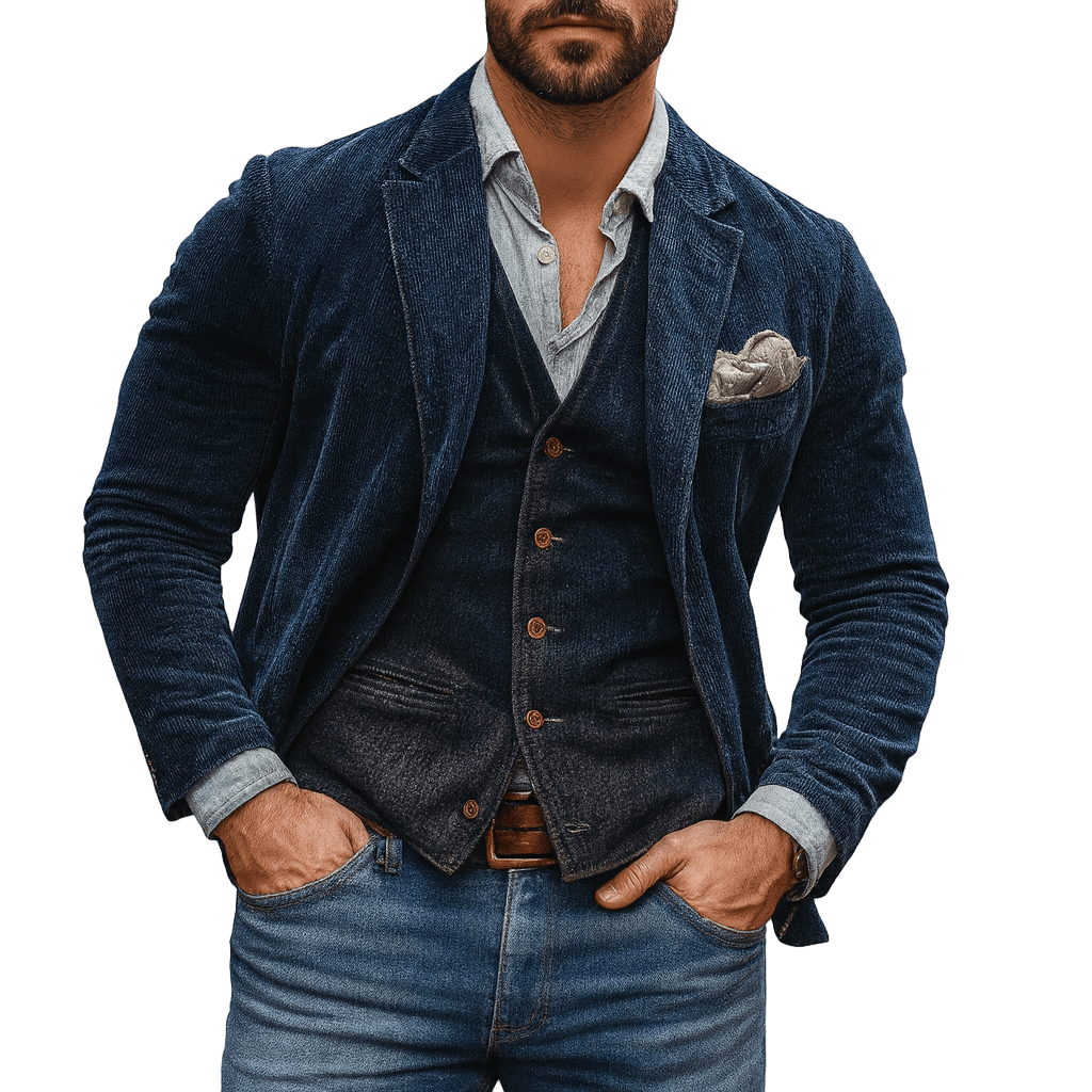 Ever | Herren Blazer & Weste Set – Reverskragen – Einreiher – Cord-Optik – taillierte Passform Hirschfeld Dunkelblau S 