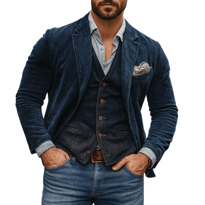 Ever | Herren Blazer & Weste Set – Reverskragen – Einreiher – Cord-Optik – taillierte Passform Hirschfeld Dunkelblau S 