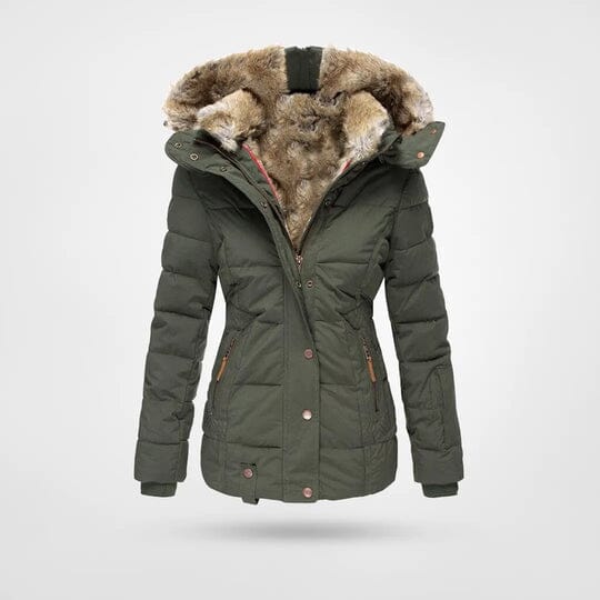 Agnes | Damen Winterjacke mit Kapuze – hochschließender Kragen – warm gefüttert (Fleece) – windabweisend csvnovember Hirschfeld Grün S 
