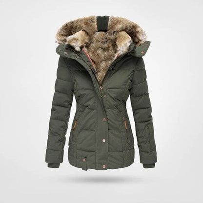 Agnes | Damen Winterjacke mit Kapuze – hochschließender Kragen – warm gefüttert (Fleece) – windabweisend csvnovember Hirschfeld Grün S 