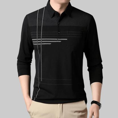 Jared | Herren Polo Langarm Polokragen – Brusttasche & Linienmuster – Feinstrick Hirschfeld Schwarz M 