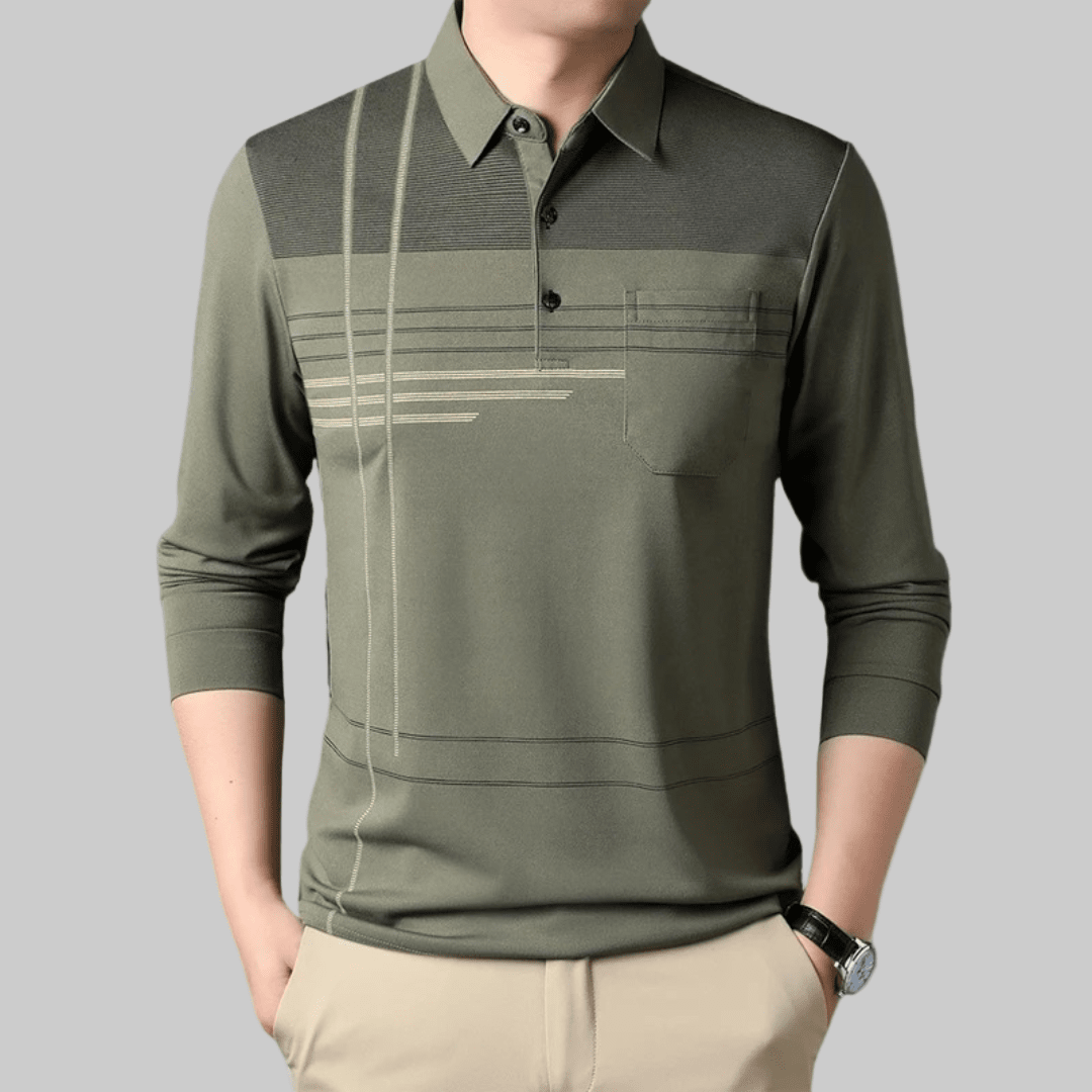 Jared | Herren Polo Langarm Polokragen – Brusttasche & Linienmuster – Feinstrick Hirschfeld Grün M 