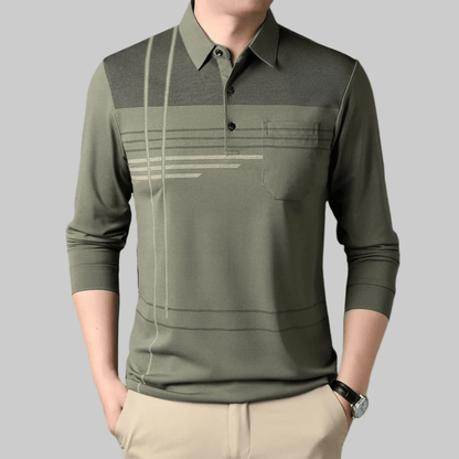 Jared | Herren Polo Langarm Polokragen – Brusttasche & Linienmuster – Feinstrick Hirschfeld Grün M 