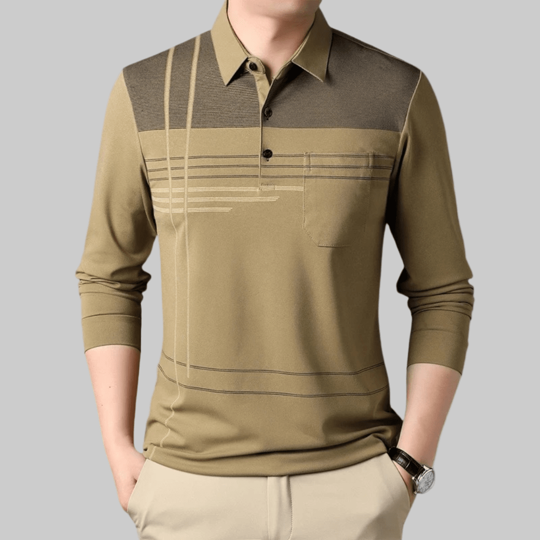 Jared | Herren Polo Langarm Polokragen – Brusttasche & Linienmuster – Feinstrick Hirschfeld Khaki M 