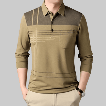 Jared | Herren Polo Langarm Polokragen – Brusttasche & Linienmuster – Feinstrick Hirschfeld Khaki M 