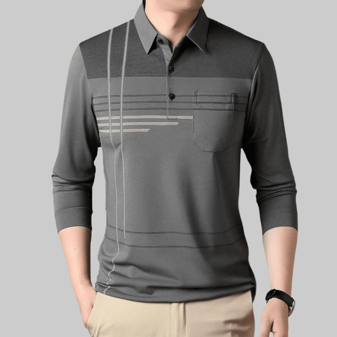 Jared | Herren Polo Langarm Polokragen – Brusttasche & Linienmuster – Feinstrick Hirschfeld Grau M 