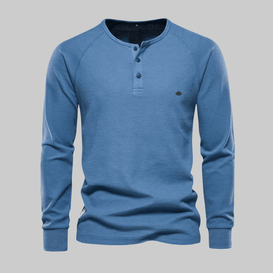 Jeffrey | Herren Henley Longsleeve Rundhals – Waffelstrick – Knopfleiste Hirschfeld Blau S 