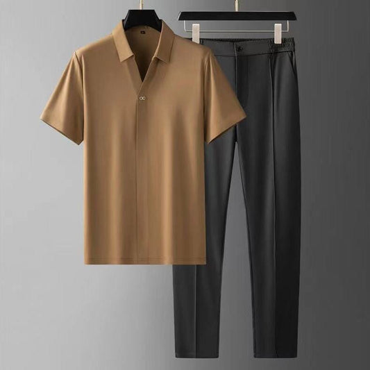 Tony | Herren Komfort-Set – Offenes-Kragenhemd & Tapered-Hose – Ice-Silk-Mix – leicht & kühl Hirschfeld Khaki-Anzug XS 