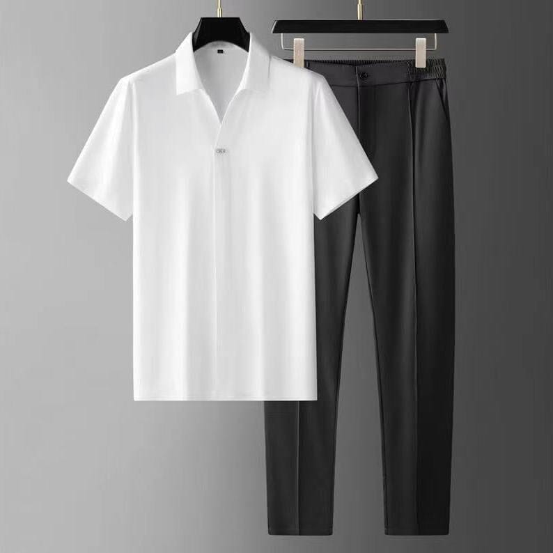 Tony | Herren Komfort-Set – Offenes-Kragenhemd & Tapered-Hose – Ice-Silk-Mix – leicht & kühl Hirschfeld Weißer Anzug XS 