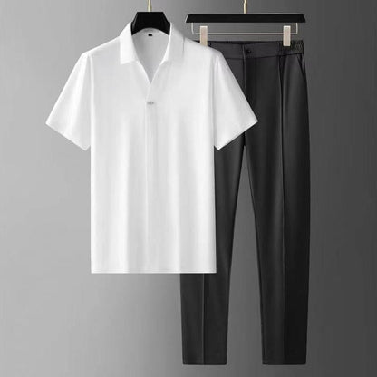 Tony | Herren Komfort-Set – Offenes-Kragenhemd & Tapered-Hose – Ice-Silk-Mix – leicht & kühl Hirschfeld Weißer Anzug XS 
