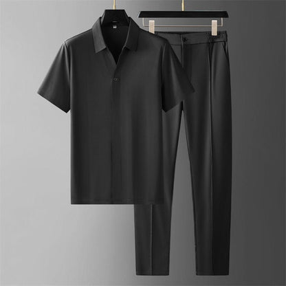 Tony | Herren Komfort-Set – Offenes-Kragenhemd & Tapered-Hose – Ice-Silk-Mix – leicht & kühl Hirschfeld Schwarzer Anzug XS 