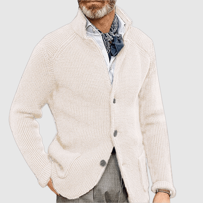 Abel | Herren Cardigan V-Ausschnitt – Blazer-inspiriertes Design – Materialmix Hirschfeld Weiß XS 