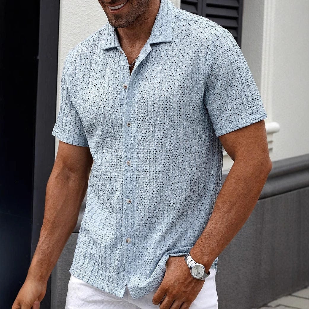 Henry | Herren Sommerhemd Kurzarm – Reverskragen – strukturierter Baumwollmix – leicht & atmungsaktiv Hirschfeld Blau S 