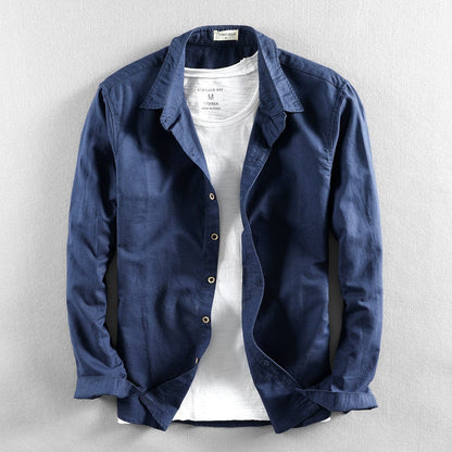 Nathan | Herren Leinenhemd Langarm – Hemdkragen – Leinen-Baumwolle – leicht & atmungsaktiv Hirschfeld Dunkelblau S 