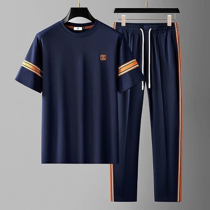 Samuel | Herren Lounge-Set – T-Shirt & Jogginghose – Rundhals – Baumwollmix-Jersey – Kontraststreifen Hirschfeld Blau XS 