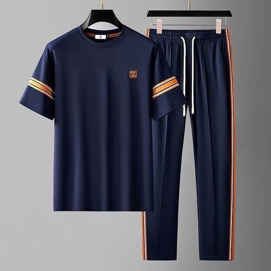 Samuel | Herren Lounge-Set – T-Shirt & Jogginghose – Rundhals – Baumwollmix-Jersey – Kontraststreifen Hirschfeld Blau XS 