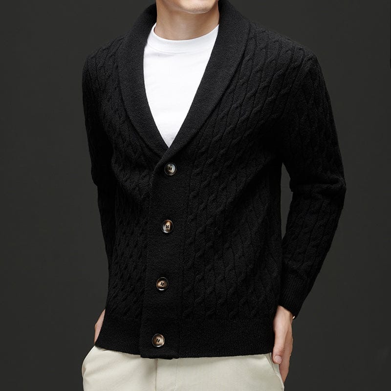 Adrian | Herren Merino-Cardigan – Schalkragen – Kabelstrick – Knopfleiste Hirschfeld Schwarz XS 