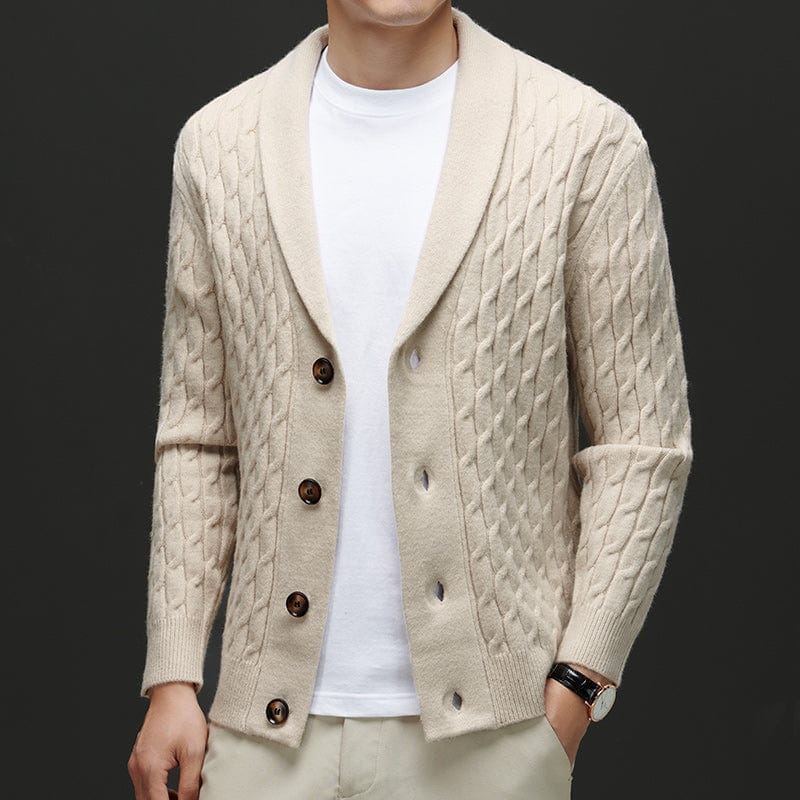 Adrian | Herren Merino-Cardigan – Schalkragen – Kabelstrick – Knopfleiste Hirschfeld 