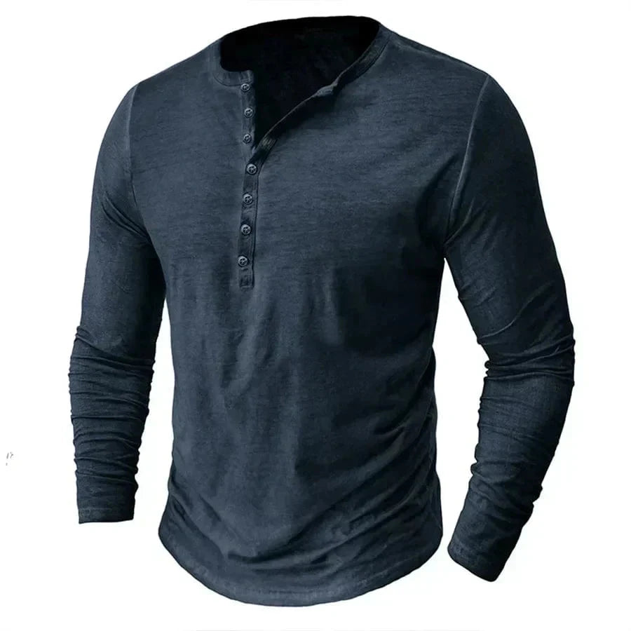 Aiden | Herren Langarm-Henley Henley-Kragen – 6-Knopf-Leiste – Baumwolle Hirschfeld Blau S 