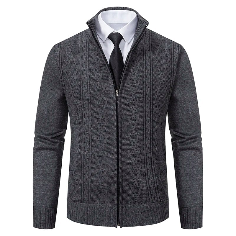 Jayson | Herren Strick-Cardigan Full-Zip – Stehkragen – Rippstruktur – baumwollreicher Feinstrick Hirschfeld Hellgrau XS 