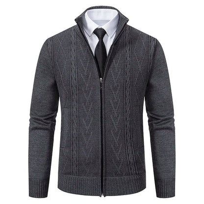 Jayson | Herren Strick-Cardigan Full-Zip – Stehkragen – Rippstruktur – baumwollreicher Feinstrick Hirschfeld Hellgrau XS 