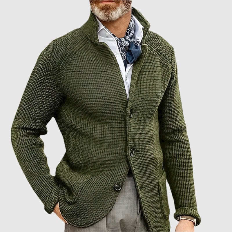 Abel | Herren Cardigan V-Ausschnitt – Blazer-inspiriertes Design – Materialmix Hirschfeld Moos XS 