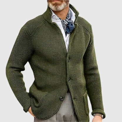 Abel | Herren Cardigan V-Ausschnitt – Blazer-inspiriertes Design – Materialmix Hirschfeld Moos XS 