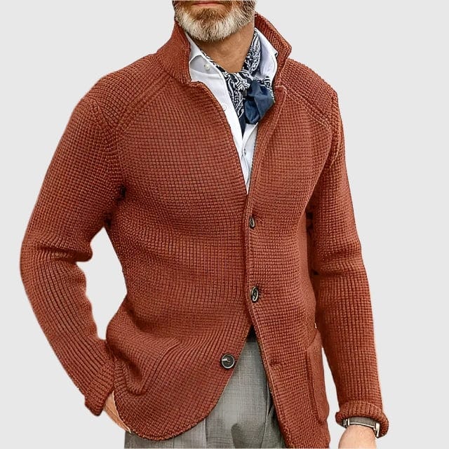 Abel | Herren Cardigan V-Ausschnitt – Blazer-inspiriertes Design – Materialmix Hirschfeld Rostrot XS 