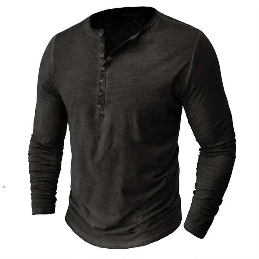 Aiden | Herren Langarm-Henley Henley-Kragen – 6-Knopf-Leiste – Baumwolle Hirschfeld Dunkelgrau S 