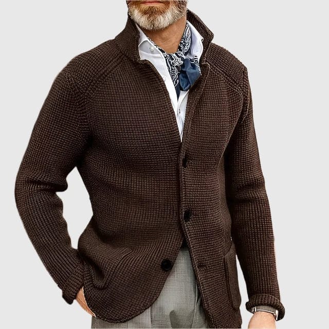 Abel | Herren Cardigan V-Ausschnitt – Blazer-inspiriertes Design – Materialmix Hirschfeld Braun XS 