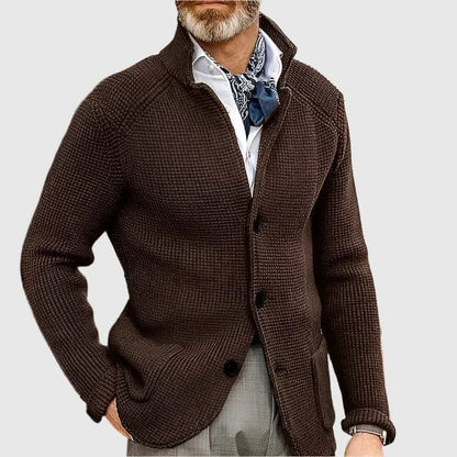 Abel | Herren Cardigan V-Ausschnitt – Blazer-inspiriertes Design – Materialmix Hirschfeld Braun XS 