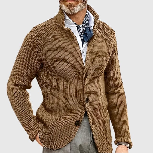 Abel | Herren Cardigan V-Ausschnitt – Blazer-inspiriertes Design – Materialmix Hirschfeld Kamel XS 