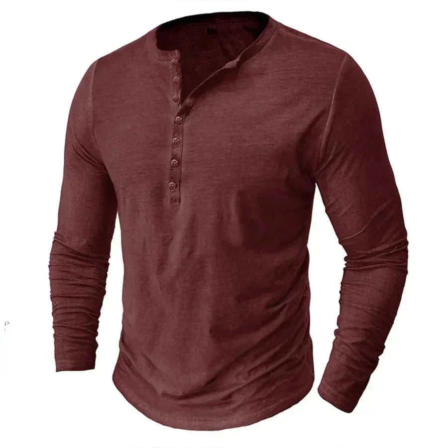 Aiden | Herren Langarm-Henley Henley-Kragen – 6-Knopf-Leiste – Baumwolle Hirschfeld Burgunderrot S 